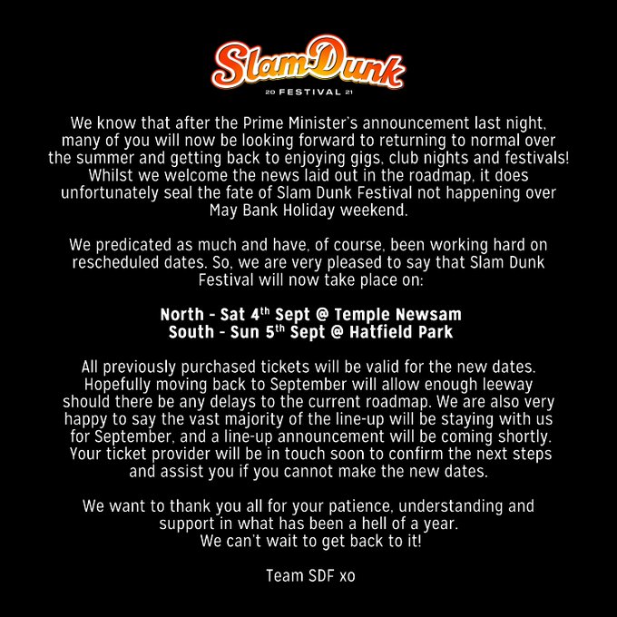 Slam Dunk Festival Rescheduled to September 2021